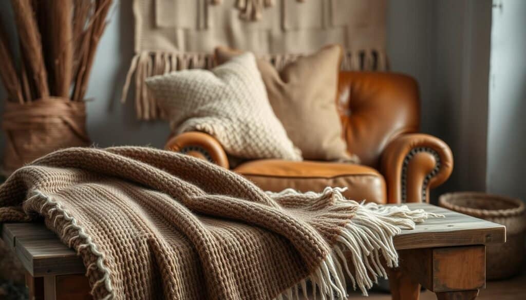 A cozy, rustic scene of textured, earthy-toned fabrics. In the foreground, a thick, woven throw blanket in muted shades of brown and ivory drapes over a weathered wooden bench. In the middle ground, a pair of plush, textured accent pillows in complementary hues sit atop a distressed leather armchair. Behind, a wall hanging made of natural fibers, like jute or hemp, adds warmth and depth. Soft, diffused lighting casts a gentle glow, highlighting the organic textures and creating a inviting, serene ambiance. The composition captures the cozy, rustic charm of natural, handcrafted textiles that soften and transform a space.