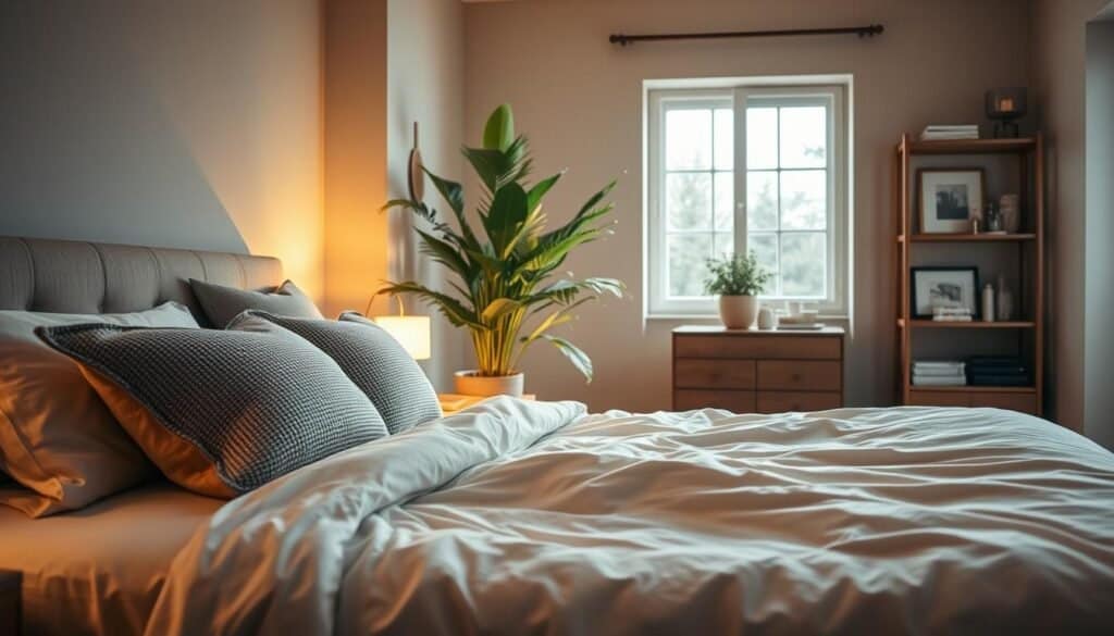 A cozy, serene bedroom with warm lighting and soft textures. In the foreground, a large, plush bed with crisp white linens and a mix of textured throw pillows in muted tones. Beside the bed, a natural wood nightstand with a simple, minimalist lamp casts a gentle glow. In the middle ground, a floor-to-ceiling window allows natural light to filter in, illuminating a lush, green potted plant in the corner. The background features neutral-toned walls, accented by a wooden shelving unit displaying artfully arranged decorative objects, candles, and framed artwork. An overall cozy, inviting atmosphere with a focus on natural materials, soft palettes, and a sense of relaxation.