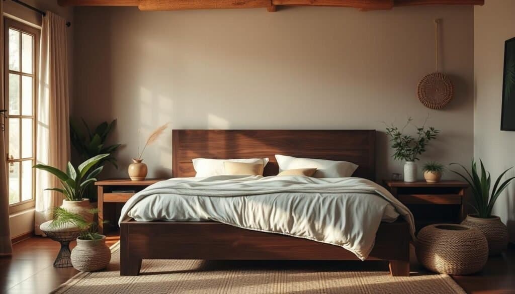 A cozy, softly lit bedroom with warm, inviting tones. The focus is on a large, dark wood bed frame, its grain and texture adding depth and character to the space. Surrounding the bed are natural elements like potted plants and woven accents, creating a serene and grounding atmosphere. Diffused lighting casts a gentle glow, highlighting the rich wood tones and creating a soothing, relaxing ambiance. The overall mood is one of calm, comfort, and tranquility - an inviting haven to recharge and reset.