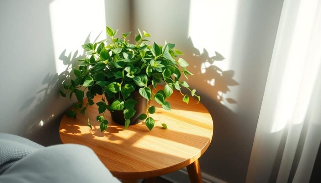 A cozy, sun-dappled corner in a compact apartment. Lush, verdant foliage of a small potted plant nestled atop a warm, smooth wooden side table. The wood's natural grain and honey-toned hues complement the plant's vibrant greens. Soft shadows cast by the plant's leaves create intricate patterns on the table's surface. The scene is bathed in gentle, diffused lighting, creating a calming, inviting atmosphere. A minimalist, Scandinavian-inspired aesthetic pervades the space, emphasizing the harmonious pairing of nature and natural materials.
