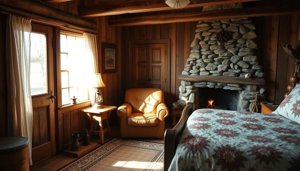 A cozy, sun-dappled interior of a charming small western house, with weathered wood paneling, exposed ceiling beams, and a rustic stone fireplace crackling in the corner. An overstuffed leather armchair sits invitingly by the window, flanked by a worn wooden side table topped with a kerosene lamp. Warm, muted tones create a sense of timeless tranquility, while a woven area rug and hand-stitched quilt on the bed lend a homespun touch. Soft natural light filters in through lace curtains, casting a gentle glow over the well-worn furnishings and evoking the peaceful ambiance of a simpler era.