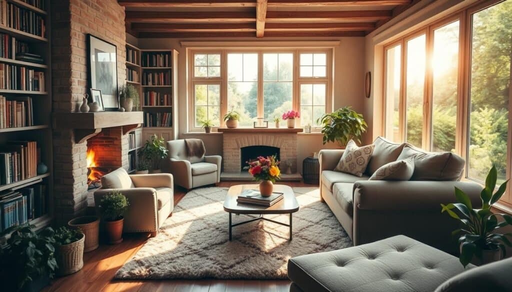 A cozy, sun-dappled living room bathed in warm, natural light. Plush, neutral-toned furnishings invite relaxation, while a crackling fireplace casts a comforting glow. Bookshelves line the walls, filled with well-worn tomes. A large, cushy sofa and armchair sit atop a plush, patterned rug, beckoning weary souls to sink in and unwind. Potted plants and fresh-cut flowers add pops of vibrant color, while large windows offer tranquil views of a lush, verdant garden outside. This inviting, serene sanctuary is a haven of peace and tranquility, a restorative retreat from the stresses of the day.