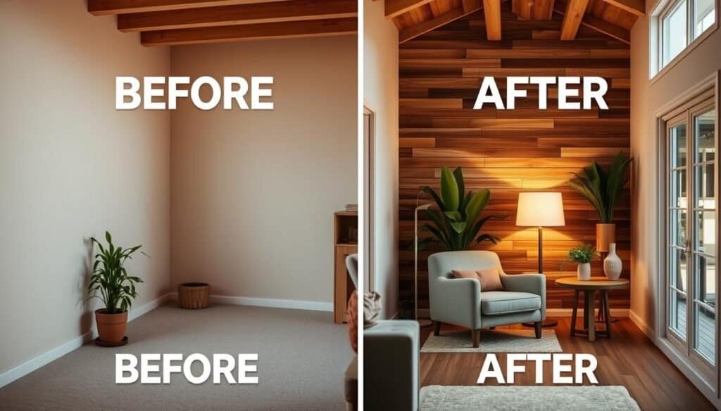 A cozy, sunlit living room with a rustic energy corner before and after transformation. In the "before" scene, a bare corner with a single potted plant and a plain armchair. In the "after" scene, a lush, inviting space with a natural wood accent wall, a plush armchair, and a small side table displaying a vase of fresh flowers. Warm lighting from a floor lamp and natural light from a large window create a serene, rejuvenating atmosphere. The room's energy has been elevated through the strategic placement of natural elements and earthy tones. Realistic, high-quality interior photography capturing the dramatic change.