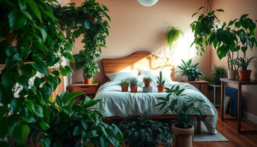 A cozy, tranquil bedroom scene bathed in soft, natural lighting. The foreground features a lush, verdant assortment of thriving houseplants - trailing philodendrons, serene peace lilies, and vibrant pothos cascading from shelves and side tables. The middle ground showcases a plush, inviting bed framed by a rustic wooden headboard, with pops of greenery in the form of potted succulents and ferns. The background reveals warm, earthy tones of the walls and hardwood floors, creating a soothing, nature-inspired atmosphere. The scene exudes a sense of tranquility and rejuvenation, perfect for a calming bedroom sanctuary. A cozy, tranquil bedroom scene bathed in soft, natural lighting. The foreground features a lush, verdant assortment of thriving houseplants - trailing philodendrons, serene peace lilies, and vibrant pothos cascading from shelves and side tables. The middle ground showcases a plush, inviting bed framed by a rustic wooden headboard, with pops of greenery in the form of potted succulents and ferns. The background reveals warm, earthy tones of the walls and hardwood floors, creating a soothing, nature-inspired atmosphere. The scene exudes a sense of tranquility and rejuvenation, perfect for a calming bedroom sanctuary.