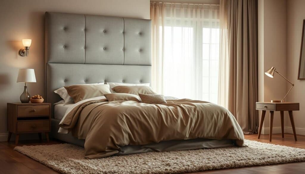A cozy, warm-toned bedroom with soft, inviting textures. A plush, oversized gray linen headboard frames the scene, accented by delicate sconces casting a gentle glow. Luxurious bedding in muted shades of taupe and ivory drapes the king-size bed, while a shag rug in a complementary hue grounds the space. Wispy sheer curtains billow subtly, allowing natural light to filter in. A vintage-inspired wooden side table holds a minimalist table lamp, its soft light reflecting off the clean-lined furniture. Overall, the atmosphere exudes a sense of tranquility and comfort, perfect for waking up feeling refreshed and renewed.