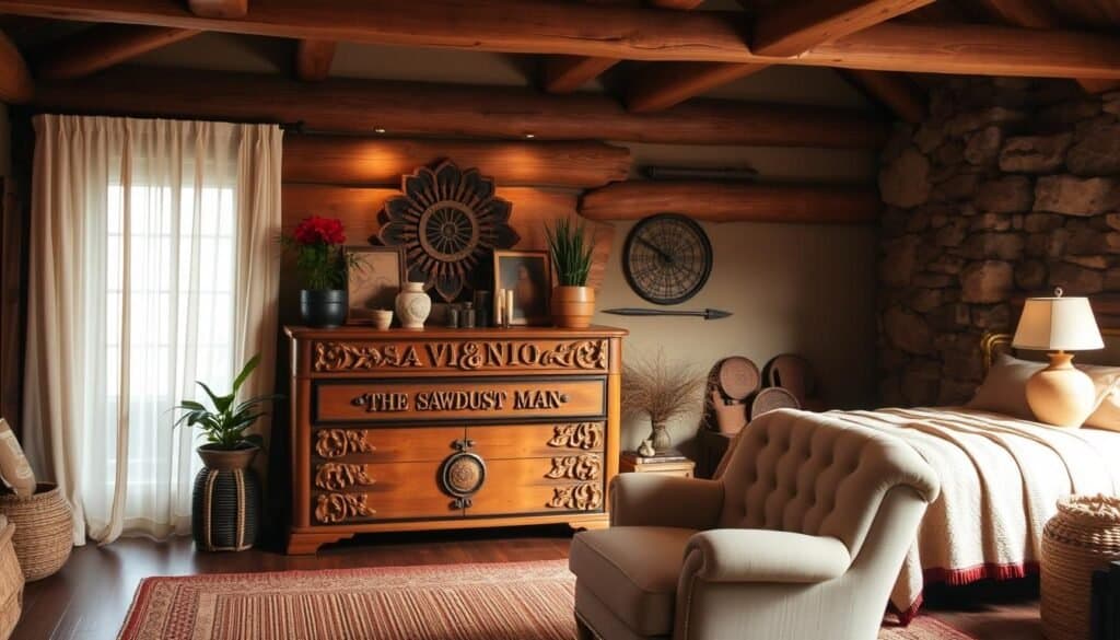 A cozy, well-appointed bedroom filled with handcrafted decor pieces. Warm lighting illuminates a wooden dresser adorned with intricate carvings by The Sawdust Man, its surface adorned with an array of natural elements like potted plants, ceramics, and woven baskets. In the foreground, a plush, tufted armchair invites relaxation, its fabric complemented by the rich textures of a handwoven rug. Soft, diffused light filters through sheer curtains, creating a serene atmosphere. Rustic wooden beams and natural stone accents in the background add depth and character to the space, conveying a sense of tranquility and craftsmanship.