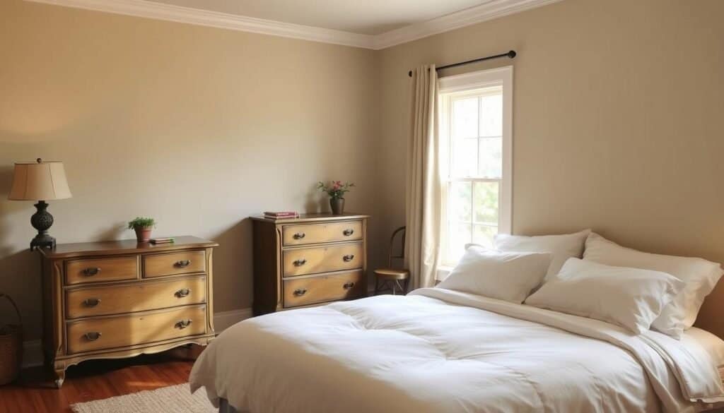 A cozy, well-appointed bedroom with warm, muted tones. A large, plush bed with crisp, white linens and several soft, neutral-colored pillows. An antique, wooden dresser stands beside the bed, complemented by a vintage table lamp with a linen shade. Soft, natural light filters in through a large window, casting a gentle glow throughout the space. A small, potted plant sits on the dresser, adding a touch of greenery. The walls are painted in a calming, neutral color, and a soft, woven area rug covers the hardwood floor. The overall atmosphere is one of tranquility and relaxation, inviting the viewer to step into this serene, restorative space.