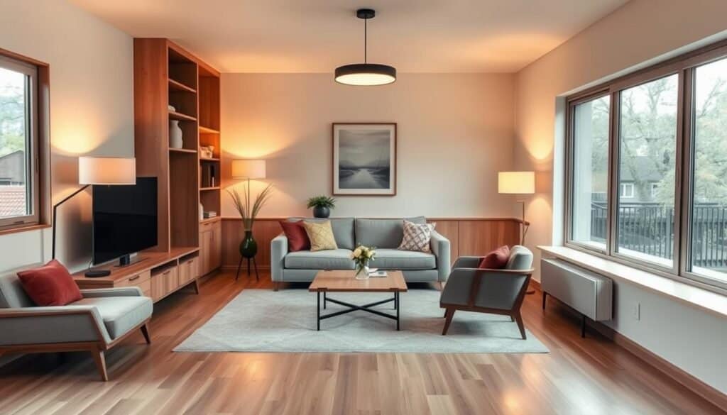 A cozy, well-designed compact living room with a midcentury modern aesthetic. The space features clean lines, neutral tones, and strategic use of storage and multifunctional furniture to maximize the limited floor plan. A minimalist sofa anchors the room, complemented by a low-profile coffee table and a pair of armchairs. Built-in shelving and cabinets along the walls provide ample storage without overwhelming the space. Warm, diffused lighting from floor lamps and a central overhead fixture creates a inviting, relaxed ambiance. Large windows allow natural light to flood the room, creating an airy, open feel. The overall impression is one of thoughtful, space-saving design that elevates the small living area.