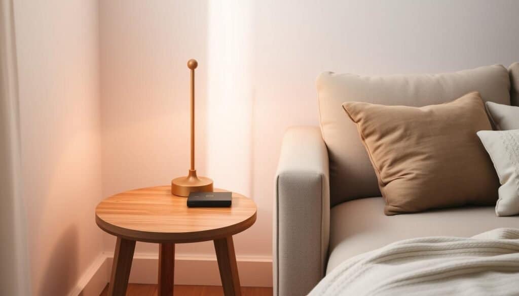 A cozy, well-lit bedroom featuring a minimalist wooden side table with a simple, clean-lined design. The table is placed next to a plush, neutral-toned armchair, creating a warm and inviting seating area. Soft, diffused lighting casts a gentle glow, complementing the natural wood tones. The scene exudes a sense of calm and relaxation, with the wooden accent piece seamlessly blending into the overall serene atmosphere of the space.