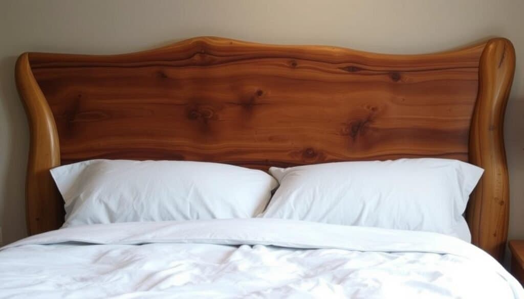 A cozy, well-lit bedroom with a rustic, handcrafted wooden headboard as the focal point. The headboard features a unique, intricate design with natural wood grains, knots, and a warm, earthy tone that emanates a sense of comfort and character. The headboard is positioned against a neutral wall, allowing its design to stand out. Soft, diffused lighting illuminates the space, casting a gentle glow and highlighting the texture and craftsmanship of the wooden headboard. The overall atmosphere is inviting, tranquil, and reminiscent of a serene, nature-inspired haven.