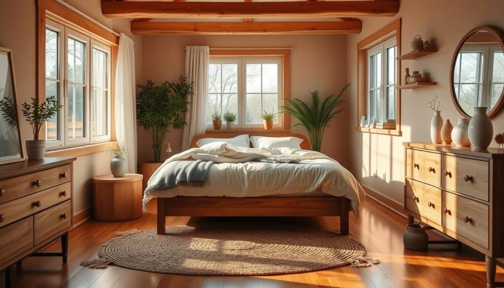 A cozy, well-lit bedroom with a warm, natural aesthetic. Soft, diffused lighting illuminates a wooden bed frame with a plush, textured comforter. Delicate potted plants and a wooden nightstand create a sense of balance and tranquility. The hardwood floor is accented with a woven area rug, complemented by a wooden dresser and shelves displaying decorative trinkets. Large windows allow natural light to filter in, casting a gentle glow throughout the space. The overall atmosphere is one of relaxation and mindfulness, inviting the viewer to imagine themselves in this peaceful, harmonious sanctuary.