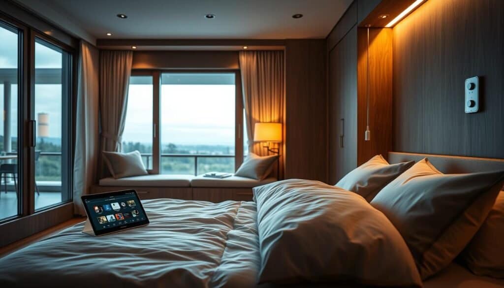 A cozy, well-lit bedroom with tasteful home automation technology integrated seamlessly into the space. A sleek, minimalist nightstand hosts a tablet displaying a digital smart home interface, ambient lighting dimly illuminating the scene. On the wall, a discreet touchpad controls temperature, lighting, and music. Plush bedding, natural wood accents, and warm metallic fixtures create a calming, high-tech ambiance. Gentle, diffused lighting from hidden sources casts a soft glow, while large windows offer a view of a serene outdoor landscape. The overall impression is one of technological sophistication blended harmoniously with a comfortable, luxurious bedroom aesthetic.
