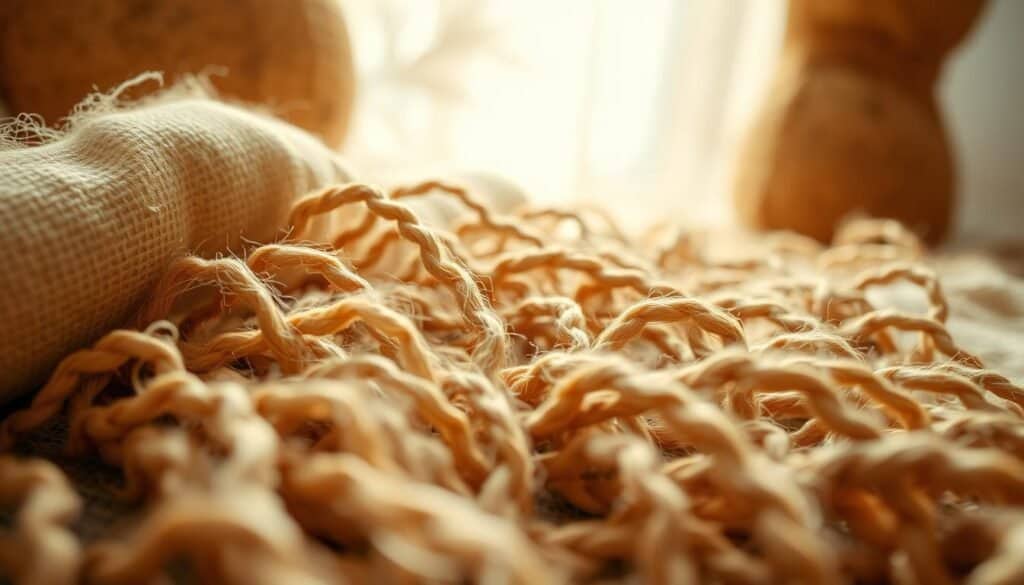 A cozy, well-lit close-up of a variety of soft, natural fibers in warm, earthy tones. The foreground features a blend of linen, jute, and wool textiles with a subtle, undulating texture. The middle ground showcases the intricate weaving and knotting patterns, highlighting the artisanal craftsmanship. The background fades into a hazy, ambient lighting, creating a serene, soothing atmosphere. Captured with a wide-angle lens to emphasize the depth and tactile quality of the materials, this image conveys a sense of warmth, comfort, and a connection to the natural world.