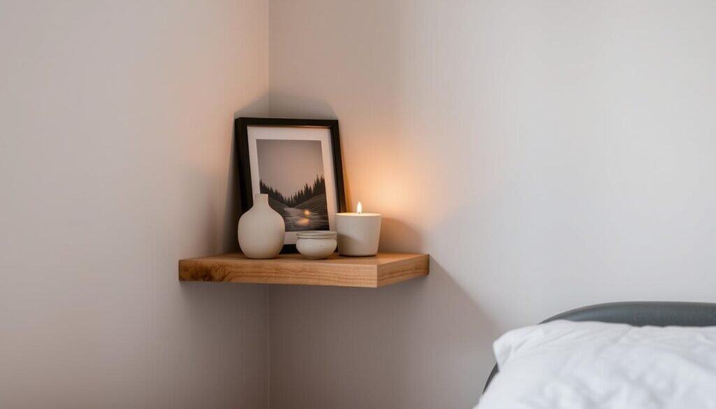 A cozy, well-lit corner of a bedroom featuring a small, rustic wooden shelf displaying delicate ceramic vases, a framed nature photograph, and a single tealight candle casting a warm glow. The shelf is made of a light-colored, finely-grained wood, its natural texture and grain visible. The overall scene evokes a sense of tranquility and thoughtful, minimalist style, complementing the bedroom's muted color palette.