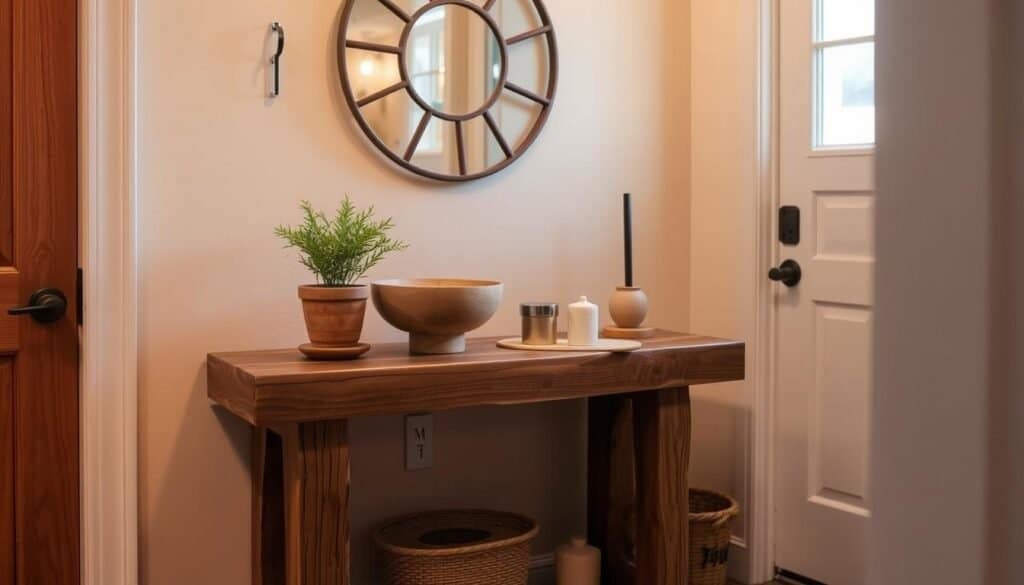 A cozy, well-lit entryway with a rustic wood console table, adorned with natural accents like a wooden bowl, a potted plant, and a few carefully curated decorative pieces. The warm lighting casts a soft glow, highlighting the rich wood tones and creating a welcoming atmosphere. The entryway is compact yet efficient, showcasing how thoughtful wood décor can transform a small space into an inviting and charming first impression.