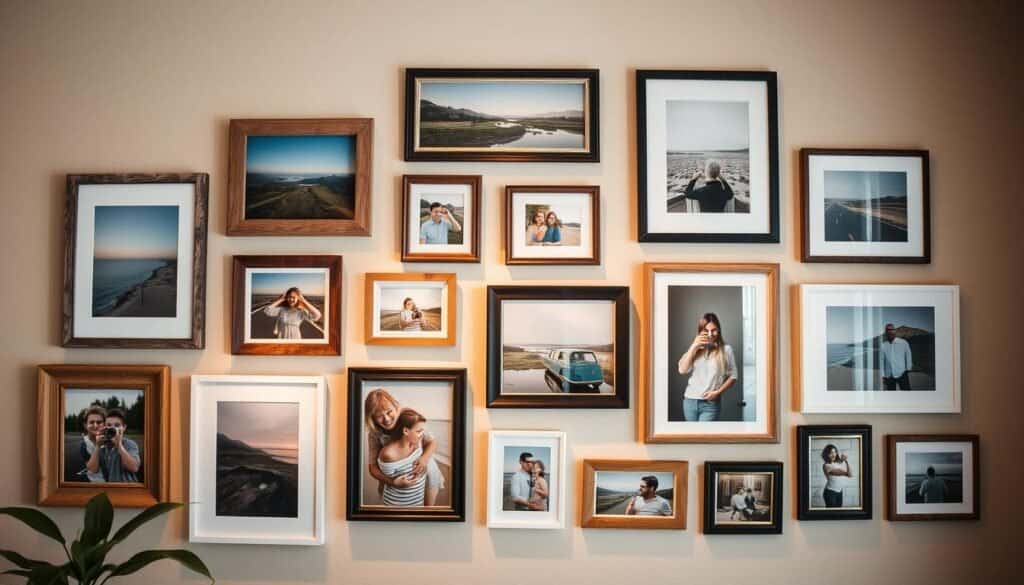 A cozy, well-lit gallery wall displaying an assortment of framed photography in various sizes and orientations. The frames are a mix of rustic wood, black metal, and white matte finishes, arranged in an organic, asymmetrical pattern. The photographs feature serene landscapes, candid portraits, and cherished memories, each one showcasing the photographer's unique style and perspective. Warm, diffused lighting casts a soft, inviting glow, complementing the natural textures and hues of the frames and artwork. The overall composition exudes a sense of homey, personalized charm, perfect for showcasing a homeowner's favorite visual memories.