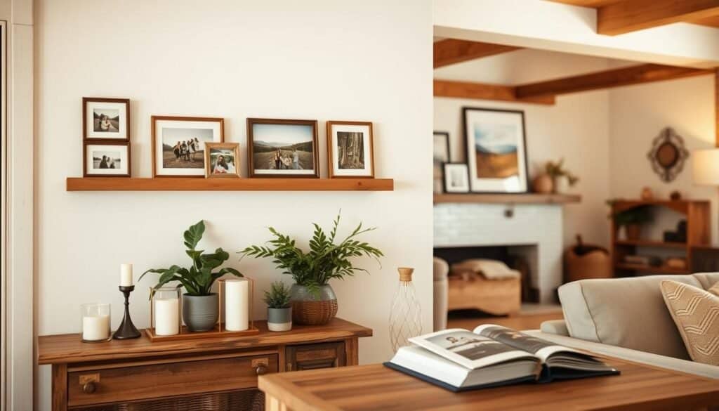 A cozy, well-lit home interior with a rustic, natural aesthetic. In the foreground, an arrangement of framed photographs displayed on a wooden wall-mounted shelf, each capturing a moment of personal significance - family gatherings, scenic landscapes, cherished memories. The middle ground features a wooden end table or console, adorned with a mix of decorative elements like candles, potted plants, and a vintage-inspired photo album. The background depicts a warm, inviting living space with neutral-toned furnishings, soft lighting, and hints of natural materials like woven textiles or exposed beams. The overall mood is one of comfort, personalization, and a sense of storytelling through the carefully curated photo display.