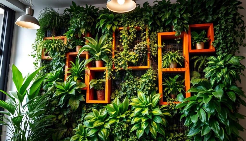 A cozy, well-lit indoor plant wall with a mix of lush, verdant foliage and warm wooden accents. The plants are arranged in a visually striking, geometric pattern, cascading down the wall in a harmonious display. Intricate wooden shelves and frames, stained in a rich honey hue, frame the plants, creating a beautiful contrast and adding depth to the composition. Soft, diffused lighting from overhead fixtures casts a gentle glow, highlighting the vibrant greens and natural textures. The overall atmosphere is one of tranquility, inviting the viewer to connect with the natural world within the indoor space.