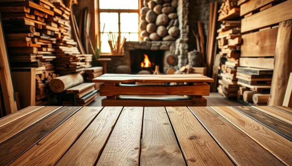 A cozy, well-lit interior showcasing an array of natural wood types carefully curated for warmth and ambiance. In the foreground, a collection of finely grained wooden planks in various hues and textures - oak, maple, and cherry - arranged in an inviting display. In the middle ground, a rustic wooden table or shelving unit serves as a focal point, highlighting the organic beauty and unique grains of the material. The background features a softly lit, natural setting, perhaps a fireplace or window, casting a gentle glow and emphasizing the tactile, comforting qualities of the wood. The overall mood is one of serene, earthy elegance - a harmonious blend of natural elements that exude a sense of warmth and comfort.