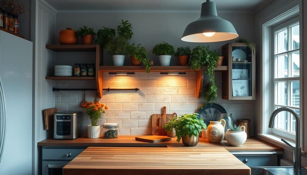 A cozy, well-lit kitchen with a natural wood accent feature, such as a wooden butcher block countertop or a rustic wooden shelf displaying potted herbs and spices. The lighting should be warm and inviting, creating a soft, intimate atmosphere. The kitchen should have a mix of modern and vintage elements, with touches of greenery to bring a natural, earthy feel. The overall composition should highlight the beauty and warmth of the natural wood, creating a space that feels both functional and visually appealing.