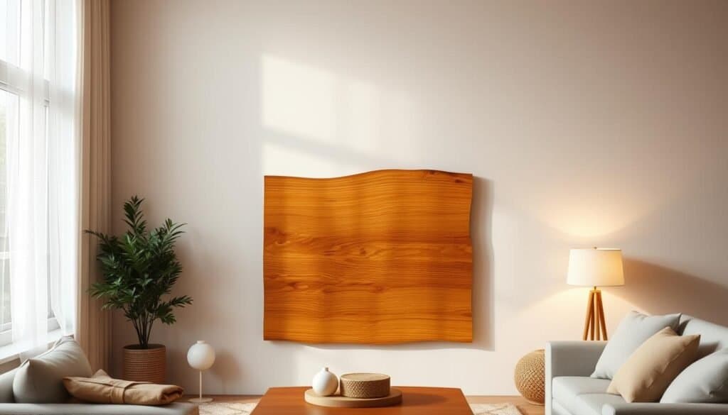 A cozy, well-lit living room with a warm, natural wood accent piece taking center stage. The wood has a rich, earthy grain and a smooth, polished finish, casting a soft glow in the ambient lighting. The piece is positioned against a neutral-toned wall, allowing its natural beauty to shine. Surrounding it are subtle, complementary décor elements that enhance the tranquil, zen-like atmosphere. The lighting is gentle, with a mix of soft, diffused natural light and subtle artificial illumination. The overall scene evokes a sense of calm, balance, and harmonious living.