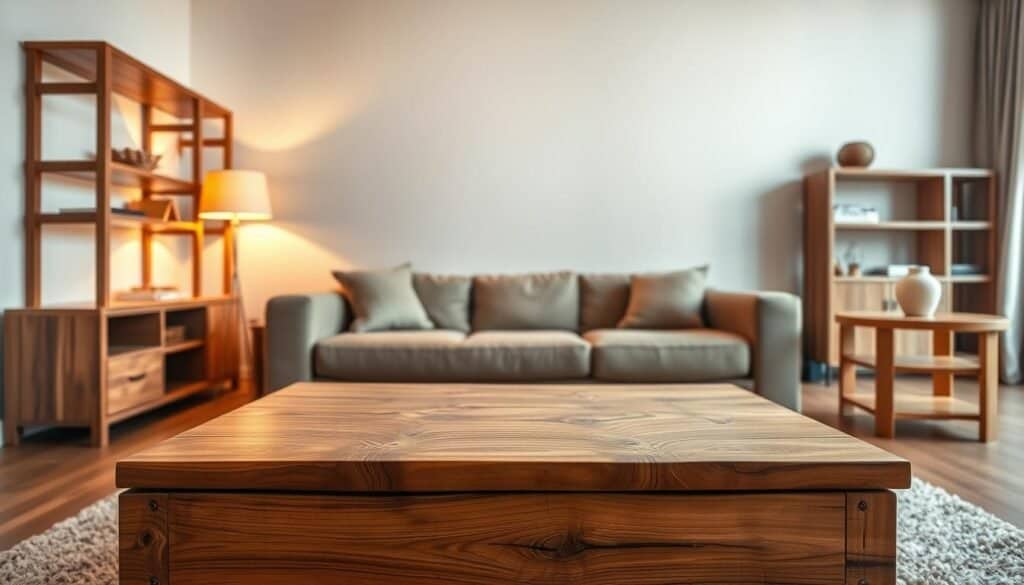 A cozy, well-lit living room with natural wood tones and textures. Warm, indirect lighting casts a soft glow, highlighting the rich grains and knots of a rustic wooden coffee table. Complementary wooden shelving and side tables create a harmonious, inviting atmosphere. In the background, a subtle neutral-toned wall provides a clean backdrop, allowing the wood elements to take center stage. The overall scene conveys a sense of refined simplicity and organic elegance, seamlessly blending modern and traditional design elements.