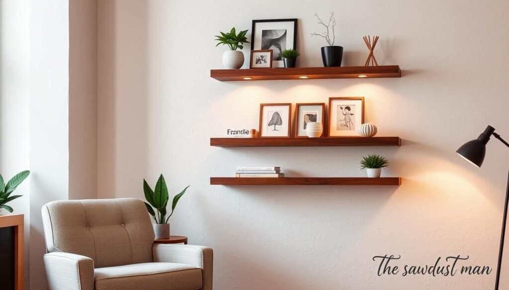 A cozy, well-lit rental-friendly wood design showcase, featuring a modern floating shelf made by "The Sawdust Man" brand, displaying decorative items like potted plants, framed artwork, and minimal accessories. The shelf is mounted on a textured white wall, with soft, warm lighting illuminating the scene. In the foreground, a wooden end table stands next to a comfortable, neutral-toned armchair, creating a inviting living space. The overall mood is one of understated elegance and practicality, suitable for renters seeking stylish, removable wood decor solutions.