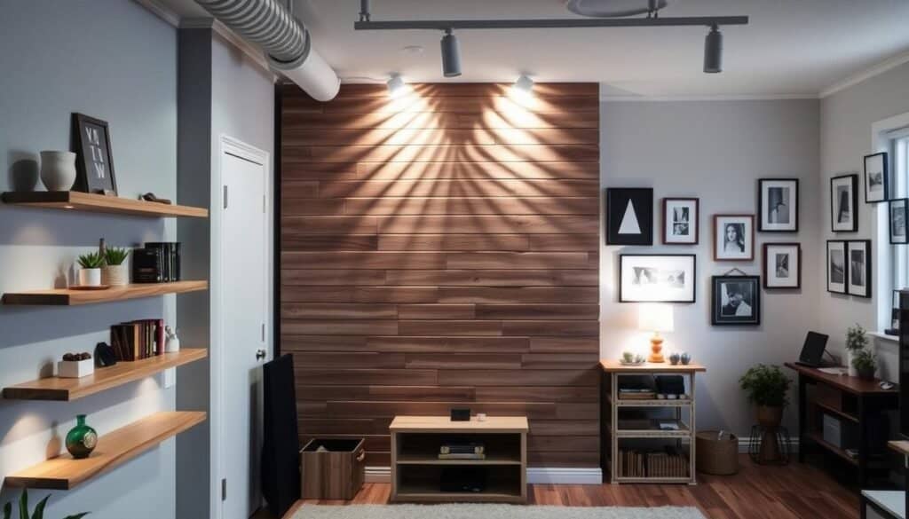A cozy, well-lit studio space showcasing various wall projects. In the foreground, a beautiful DIY floating shelves display featuring natural wood accents and decorative items. In the middle, a rustic shiplap accent wall with intricate shadow patterns from strategically placed lighting. The background features a minimalist gallery wall arrangement with framed artwork and wall hangings, creating a harmonious and visually appealing space. The overall scene exudes a sense of warmth, creativity, and the transformative power of DIY wall projects.
