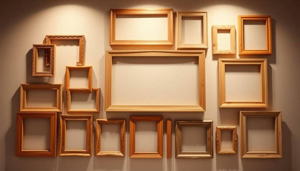 A cozy, well-lit wooden frame wall design, showcasing a harmonious arrangement of various frame sizes and shapes. The frames are made of warm, natural-toned wood, complementing the soft, diffused lighting that casts a gentle glow across the scene. The layout features a mix of rectangular, square, and oval frames, strategically placed to create a visually appealing and balanced composition. The frames are adorned with simple, elegant decorative elements, such as subtle carved patterns or subtle metallic accents, adding a touch of refinement. The background is a muted, neutral-colored wall, allowing the wooden frames to take center stage and showcase their natural beauty and craftsmanship.