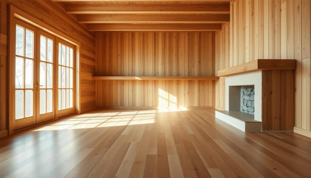 A cozy, well-lit wooden interior with a warm, inviting atmosphere. A spacious room with clean lines and natural textures - smooth, polished wood floors, textured wooden wall panels, and a statement wooden feature like a fireplace mantle or shelving unit. Soft, diffused lighting illuminates the space, creating a gentle, homely ambiance. The camera captures the room from a slightly elevated angle, showcasing the depth and proportions of the wooden elements. The overall mood is one of comfort, serenity, and a connection to nature.