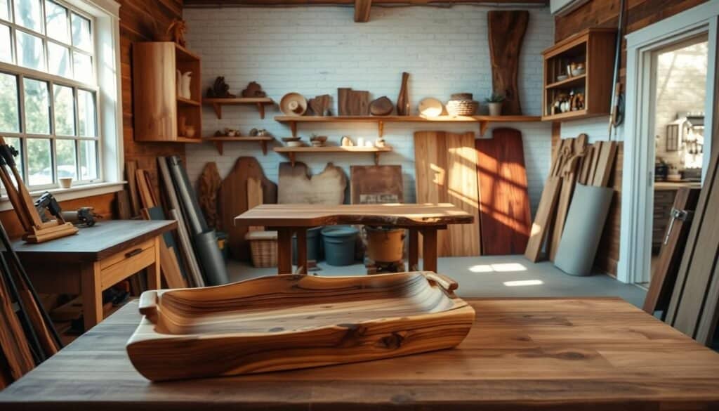 A cozy, well-lit workshop scene showcasing a variety of DIY wood accent projects. In the foreground, a rustic wooden serving tray with intricate carved detailing sits atop a sturdy workbench. Behind it, an array of handcrafted wooden shelves, each adorned with natural knots and grains, line the walls. Sunlight streams in through large windows, casting a warm glow over the space and illuminating the textures of the wood. In the middle ground, a wooden accent table with a live-edge top takes center stage, its organic shape and grain patterns creating visual interest. In the background, a glimpse of a cozy kitchen, its walls enhanced by the natural warmth of wooden accent panels. The scene conveys a sense of homely craftsmanship and the beauty of incorporating natural wood elements into home decor.