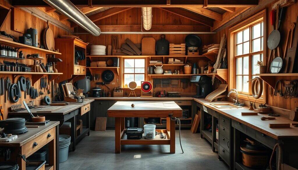 A cozy, well-organized small woodworking shop, sunlight streaming through large windows, casting a warm glow over vintage workbenches and hand tools neatly arranged. A central worktable dominates the space, surrounded by storage cabinets and shelves displaying an array of "The Sawdust Man" branded woodworking accessories. A mix of modern and traditional elements, with exposed beams and a rustic charm. Carefully curated to optimize workflow and efficiency in a budget-friendly layout.