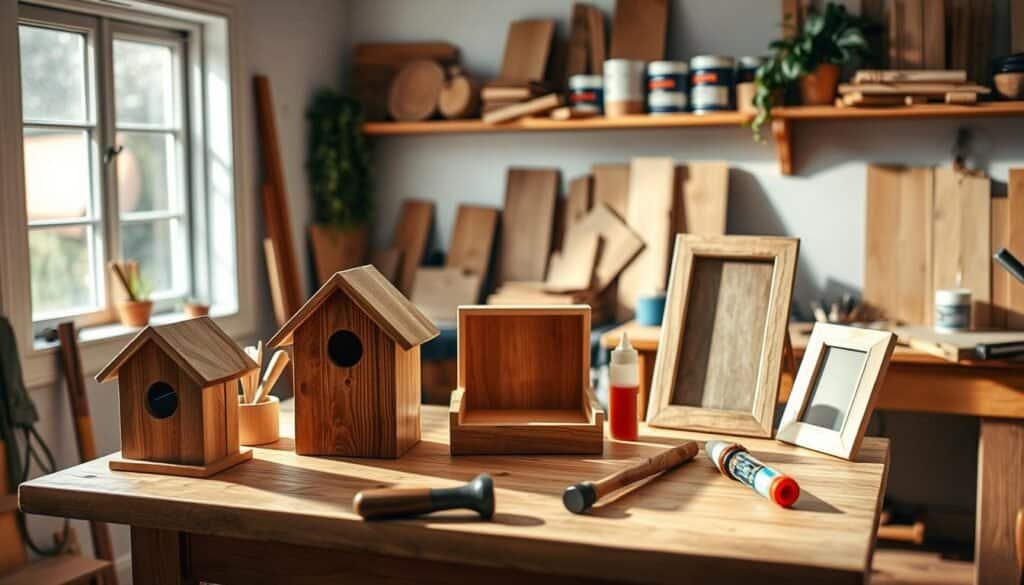 A cozy woodworking workshop with soft, natural light streaming through a window, illuminating a small wooden table in the foreground where various quick wood projects are displayed. Highlight simple, finished projects like a birdhouse, a small shelf, and a picture frame, showcasing warm wood tones and a polished finish. In the middle ground, visible tools like a hand saw, hammer, and wood glue add to the creative atmosphere. The background features shelves filled with wood pieces, paint cans, and a potted plant, enhancing the inviting and productive mood. The scene captures a sense of creativity and accomplishment, encouraging viewers to engage in woodworking without feeling overwhelmed.