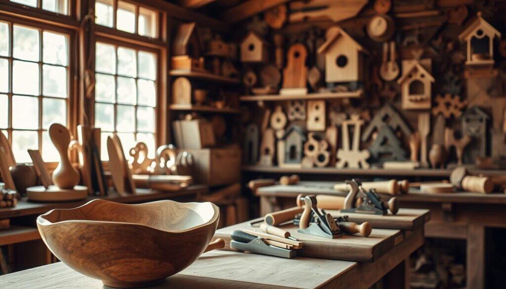 A cozy workshop filled with an array of handcrafted wooden projects, bathed in warm, natural lighting that filters through large windows. In the foreground, a beautifully carved wooden bowl, its smooth, organic curves catching the light. In the middle ground, a set of neatly organized woodworking tools - chisels, saws, and planes - resting on a sturdy workbench. The background reveals a variety of wooden items, from intricate birdhouses to rustic picture frames, all showcasing the beauty and versatility of this natural medium. The overall scene exudes a sense of craftsmanship, creativity, and the joy of working with one's hands.
