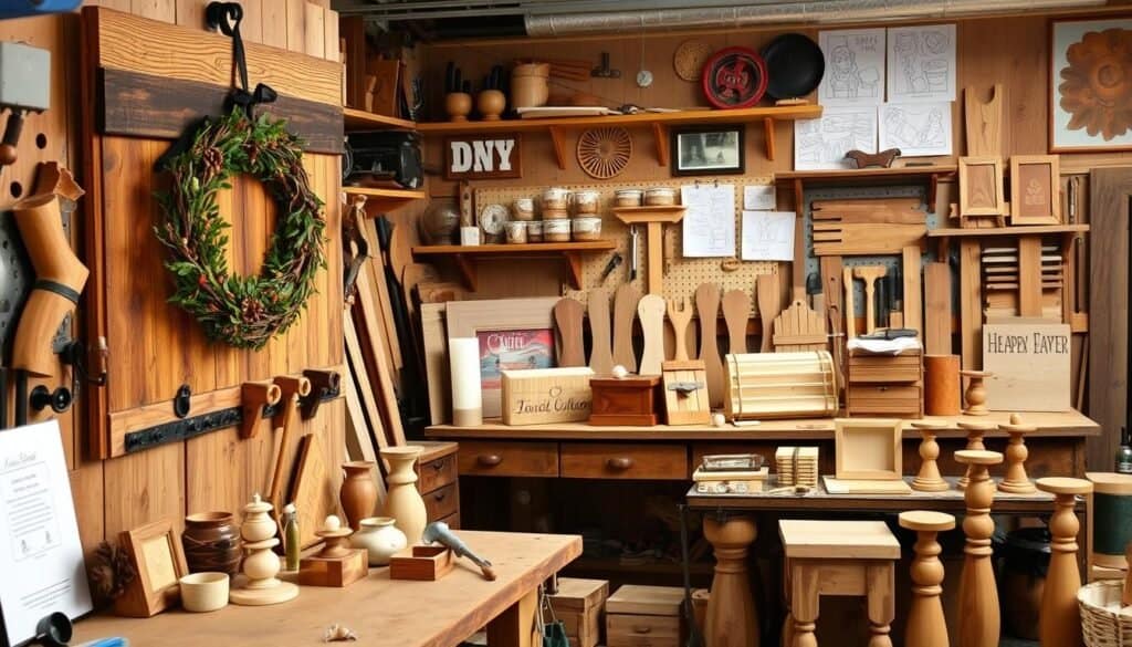 A cozy workshop filled with an array of versatile wood decor projects, crafted by "The Sawdust Man". In the foreground, a rustic farmhouse-style wall hanging made of reclaimed wood, adorned with a seasonal wreath. On the workbench, an assortment of hand-tooled wooden trinkets, candleholders, and decorative boxes in various natural finishes. In the middle ground, a collection of wooden photo frames, a carved wooden sign, and a set of wooden plant stands. The background showcases a well-equipped woodworking space, with a variety of tools, materials, and inspirational sketches pinned to the walls, all bathed in a warm, natural light.
