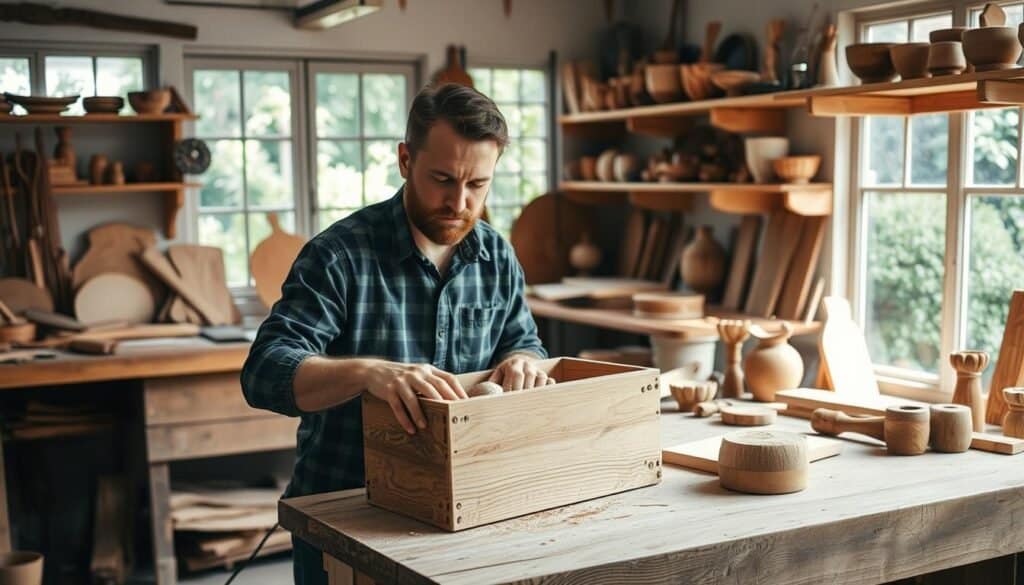 A cozy workshop filled with natural light, a workbench adorned with an array of handcrafted wooden tools and projects. In the foreground, a skilled artisan's hands carefully shaping and sanding a wooden planter box, their face expressing a serene focus. Surrounding them, shelves displaying an assortment of finished woodwork pieces, each with its own unique grain and texture. The atmosphere exudes a sense of calm, the rhythmic sound of sanding and the pleasant aroma of freshly cut wood creating a meditative environment. A large window in the background offers a glimpse of a lush, verdant garden, reinforcing the connection between nature, craftsmanship, and the therapeutic benefits of DIY woodworking. A cozy workshop filled with natural light, a workbench adorned with an array of handcrafted wooden tools and projects. In the foreground, a skilled artisan's hands carefully shaping and sanding a wooden planter box, their face expressing a serene focus. Surrounding them, shelves displaying an assortment of finished woodwork pieces, each with its own unique grain and texture. The atmosphere exudes a sense of calm, the rhythmic sound of sanding and the pleasant aroma of freshly cut wood creating a meditative environment. A large window in the background offers a glimpse of a lush, verdant garden, reinforcing the connection between nature, craftsmanship, and the therapeutic benefits of DIY woodworking.