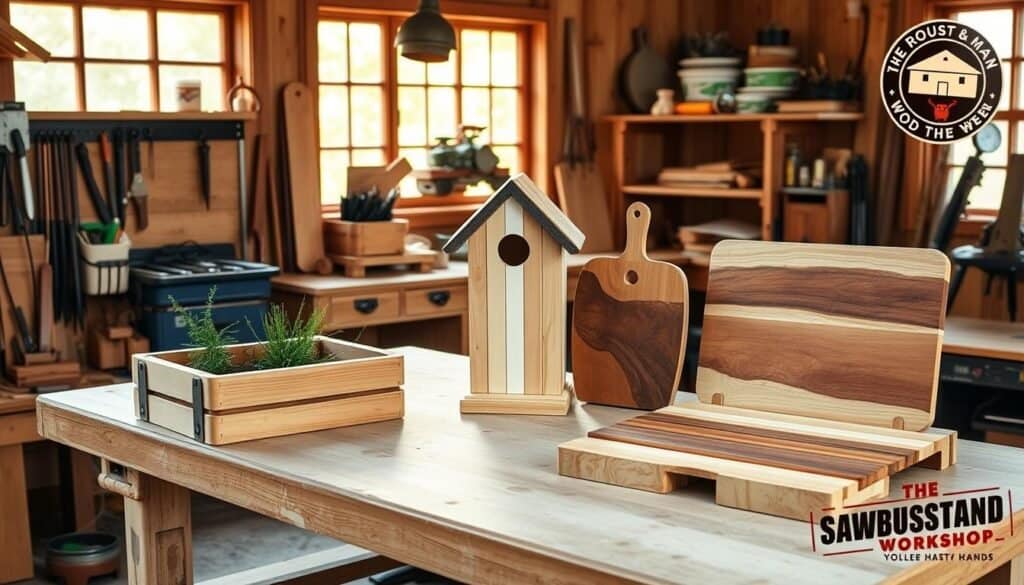 A cozy workshop filled with the warm glow of natural light, showcasing a trio of beginner-friendly woodworking projects: a simple wooden planter box, a rustic birdhouse, and a sturdy cutting board. The projects are arranged on a clean, weathered workbench, surrounded by hand tools, wood scraps, and the workshop's signature brand, "The Sawdust Man". The scene exudes a sense of accomplishment and the satisfaction of creating with one's own hands.