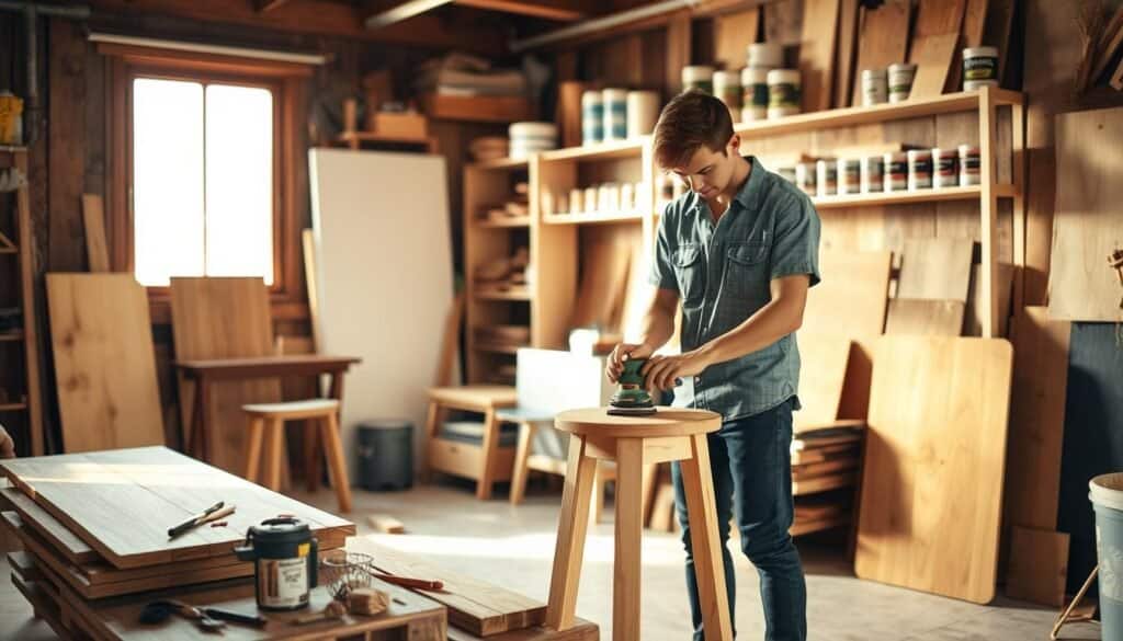 A cozy workshop scene showcasing a hands-on DIY furniture renovation project. In the foreground, a young adult wearing modest casual clothing is focused on sanding a simple wooden stool, surrounded by tools like a sander, brushes, and a small can of wood finish. The middle ground features partially assembled pieces of furniture, such as a rustic table and wooden planks organized neatly. In the background, warm natural light filters through a window, illuminating shelves filled with paint cans, more tools, and wood samples, enhancing the inviting atmosphere of creativity. Soft shadows fall across the workspace, evoking a sense of productivity and satisfaction.