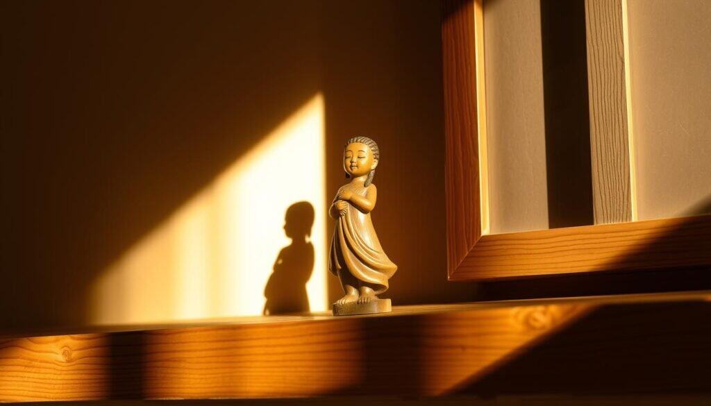 A delicate, hand-carved wooden figure stands proudly on a rustic, wooden shelf, bathed in warm, natural lighting that casts soft shadows. The intricate details of the carving, such as the flowing lines and expressive features, reflect the personality and creativity of the artisan. The piece is complemented by a simple, yet elegant, wooden frame that enhances the natural beauty of the material. The overall scene emanates a sense of tranquility and charm, inviting the viewer to pause and appreciate the beauty of this handcrafted, decorative work.