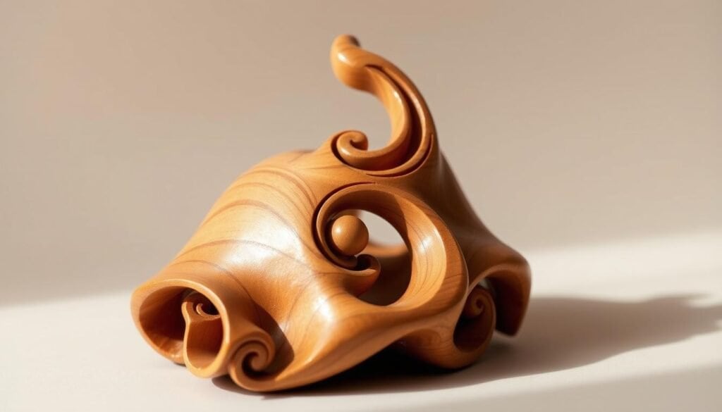 A delicately carved wood sculpture of a small decorative accent piece for a shelf or table. The intricate design features flowing organic shapes and patterns, meticulously crafted with a skilled woodworker's touch. Warm, natural tones of the polished wood create a rustic, artisanal aesthetic. Soft, directional lighting casts gentle shadows, highlighting the depth and texture of the carving. The sculpture is photographed against a simple, neutral backdrop, allowing the craftsmanship to take center stage. This handmade wooden accent piece would add a touch of rustic charm and handcrafted elegance to any living space.
