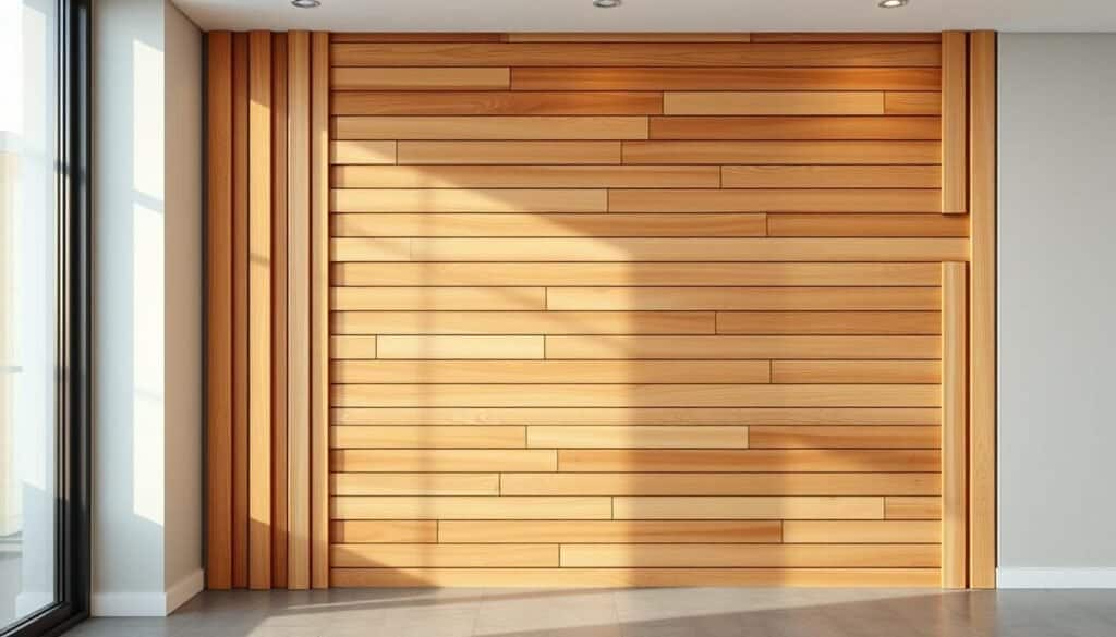 A detailed, high-quality image of a modern, minimalist wood slat wall design featuring a harmonious arrangement of natural wood slats in varying shades of warm brown, arranged in a clean, linear pattern, with a balanced, geometric composition. Soft, diffused lighting from a large window casts a gentle glow, highlighting the wood's natural texture and grain. The wall is the focal point, set against a neutral, monochromatic background that allows the wood to take center stage. The overall atmosphere conveys a sense of warmth, serenity, and sophisticated style, perfectly complementing a contemporary entryway or living space.