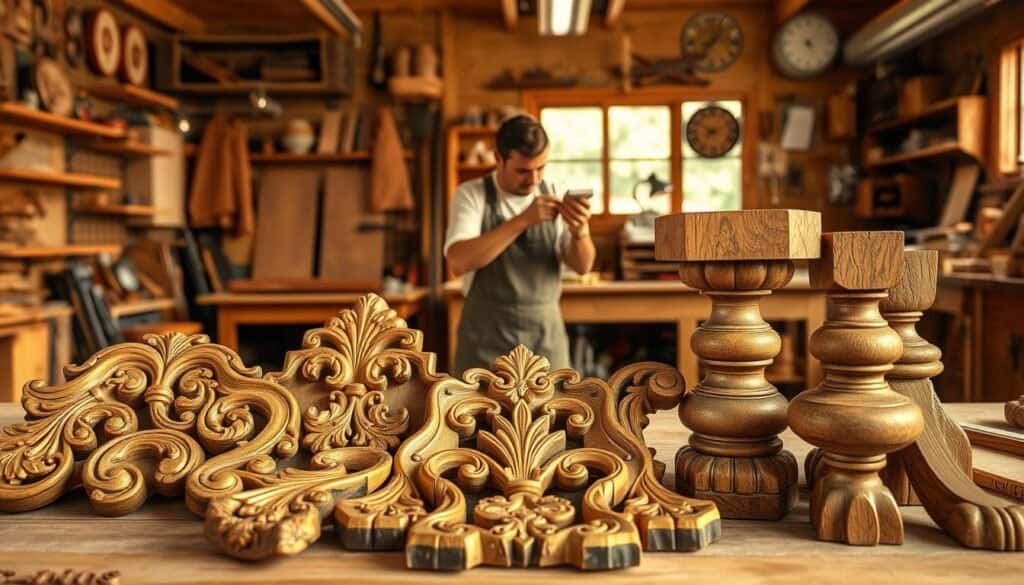 A detailed, photorealistic image of various wood carving finishing techniques, including sanding, staining, and polishing, against a backdrop of a well-lit woodworking workshop. The foreground showcases intricate hand-carved wood accents, such as decorative shelves and table legs, in various stages of completion. The middle ground features a skilled woodworker carefully applying finish coats with a soft cloth, while the background reveals a clutter-free workspace with organized tools and supplies. The lighting is warm and natural, creating a cozy, artisanal atmosphere. The overall composition conveys the precision, care, and expertise required to achieve a high-quality, professional-looking wood carving finish.