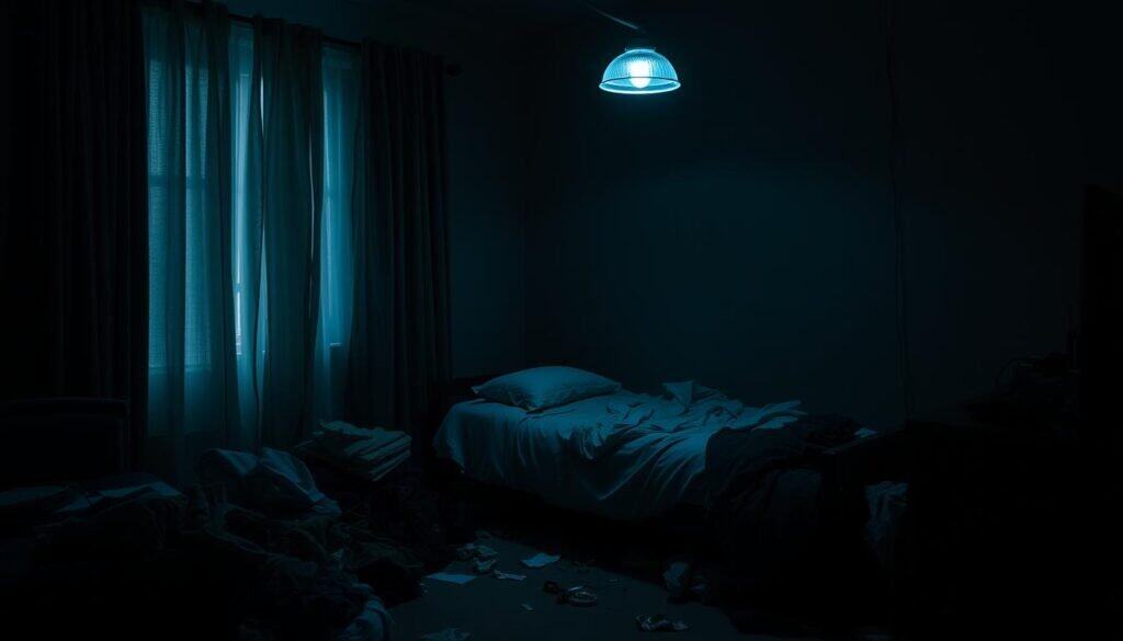 A dimly lit, cluttered bedroom with haphazardly placed furniture, casting shadows that create a gloomy, oppressive atmosphere. The bed is unkempt, with rumpled sheets and a single pillow, suggesting a restless night's sleep. The curtains are heavy and drawn, blocking out natural light, while a single, flickering overhead light casts an unflattering, bluish hue across the space. Piles of discarded clothing and scattered personal items litter the floor, adding to the sense of disarray and melancholy. The room's overall aesthetic conveys a lack of care and intention, potentially contributing to a dreary, uninspired start to the day.