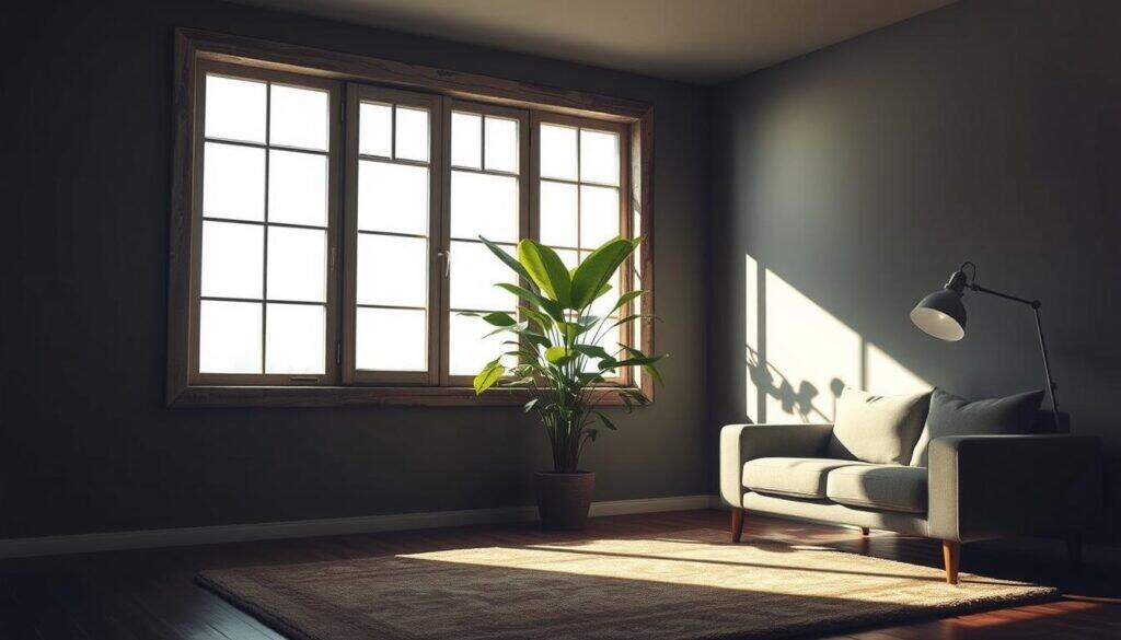 A dimly lit living room with a floor-to-ceiling window showcasing a lush, verdant house plant thriving in the soft, natural light. The plant's broad leaves cast gentle shadows across the room, creating a tranquil, calming atmosphere. The window frame is made of weathered, rustic wood, adding a warm, organic touch. The floor is covered in a plush, earthy-toned rug, and the room is sparsely furnished with a simple, minimalist couch and end table, allowing the plant to be the focal point. The lighting is muted, with subtle illumination from a single, vintage-inspired floor lamp, evoking a sense of coziness and relaxation. The overall scene conveys a sense of harmony and balance, where the plant's presence brings a sense of lightness and airiness to the space.