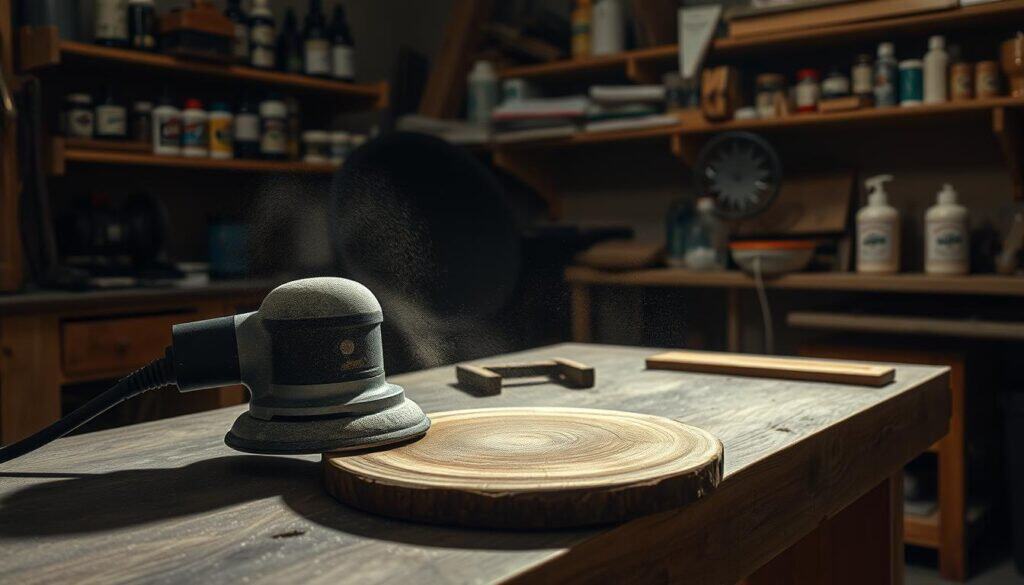 A dimly lit woodworking workshop, with a sturdy workbench and an array of sanding tools arranged neatly. On the bench, a rustic wooden coaster takes center stage, its surface slightly rough, waiting to be transformed. Warm, directional lighting casts long shadows, highlighting the textures and contours of the wood. In the foreground, a hand-held orbital sander gently glides across the coaster's surface, smoothing out the imperfections. The air is thick with fine wood dust, creating a hazy, atmospheric effect. In the background, shelves laden with various stains, finishes, and other woodworking supplies suggest a professional, well-equipped workspace dedicated to creating high-quality, handcrafted home decor.