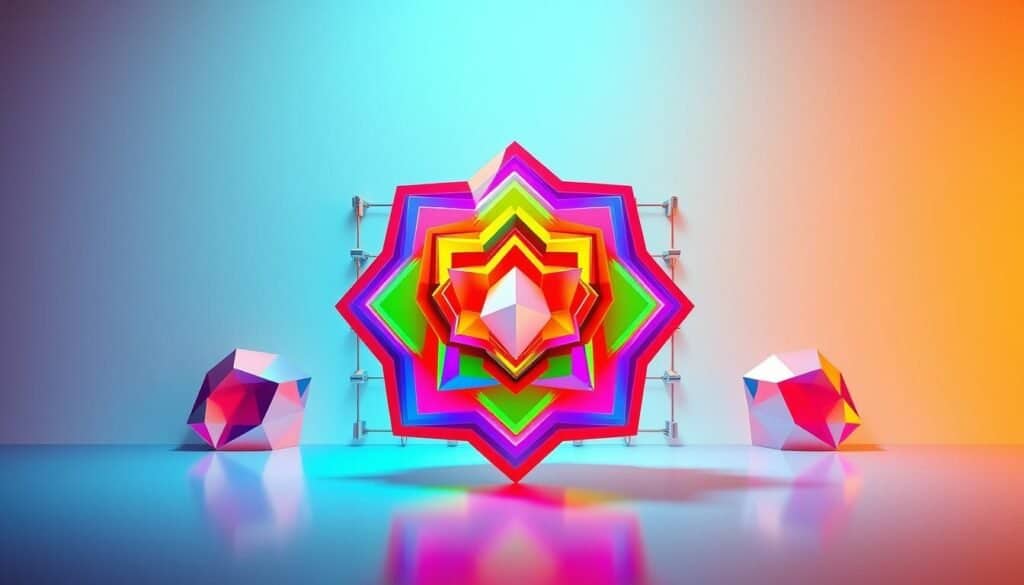 A dynamic digital abstract wall art composition featuring vibrant, layered geometric shapes and patterns in a modern, technology-inspired aesthetic. The foreground showcases a central focal point of interlocking polygonal forms in a spectrum of vivid neon hues, creating a captivating 3D effect. The middle ground incorporates a grid-like arrangement of angular, crystalline elements in shimmering metallic tones, evoking a futuristic, high-tech vibe. The background presents a subtly textured, gradient-based backdrop in complementary cool tones, heightening the visual depth and sense of dimension. Crisp, dramatic lighting casts dramatic shadows and highlights, emphasizing the sculptural quality of the digital artwork. Photographed from a slightly elevated, dynamic angle to accentuate the bold, innovative design.