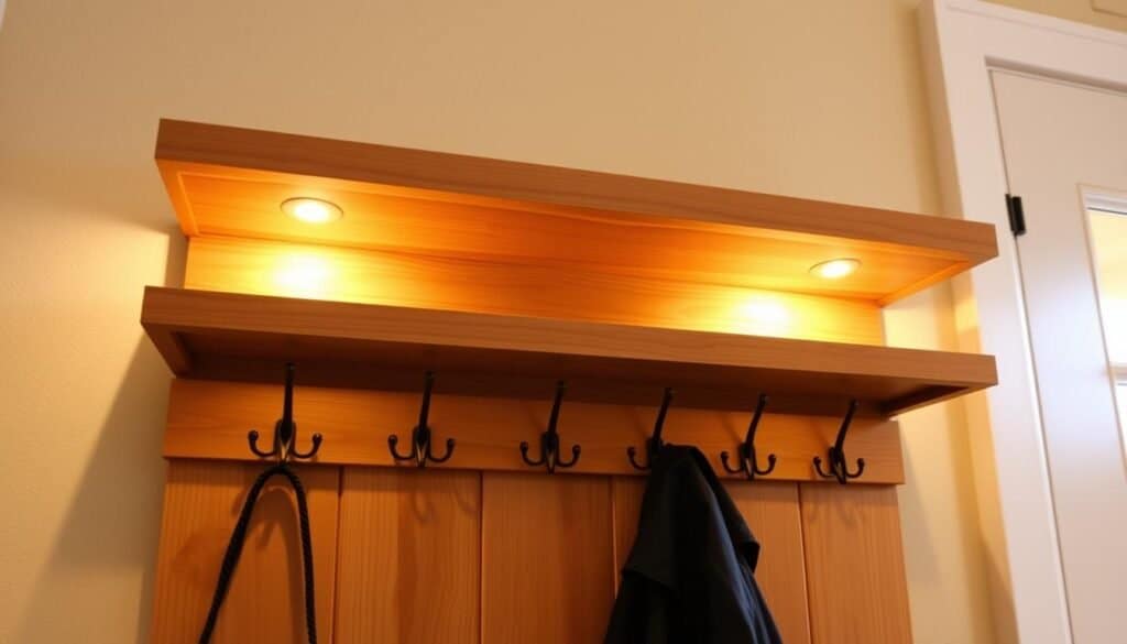 A finely crafted wooden coat rack with a sturdy floating shelf, created by the skilled artisans at The Sawdust Man. The rack features multiple hooks made of polished oak, arranged in a clean, minimalist design. The shelf above is constructed from smooth, natural-grained pine, providing ample space for organizing entryway essentials. Warm, diffused lighting illuminates the wood's rich texture, casting a cozy, inviting atmosphere. Captured at a low angle, the piece stands as a functional yet elegant centerpiece, perfectly suited for an organized, contemporary foyer.