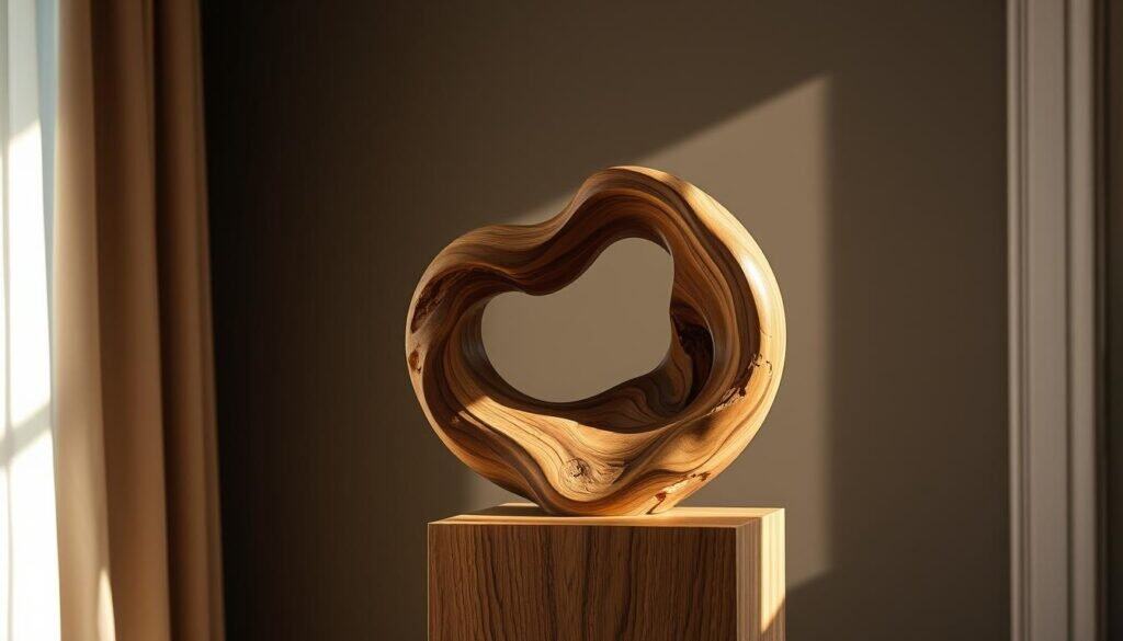 A finely crafted wooden sculpture, its organic curves and intricate textures capturing the natural beauty of the grain. Soft lighting illuminates the piece, casting gentle shadows that accentuate its form. The sculpture stands proudly on a simple, yet elegant wooden pedestal, inviting the viewer to appreciate its unique character and the artistry behind its creation. The overall scene exudes a sense of warmth, tranquility, and a deep connection to the natural world, making this personal accent piece a captivating focal point in the home.