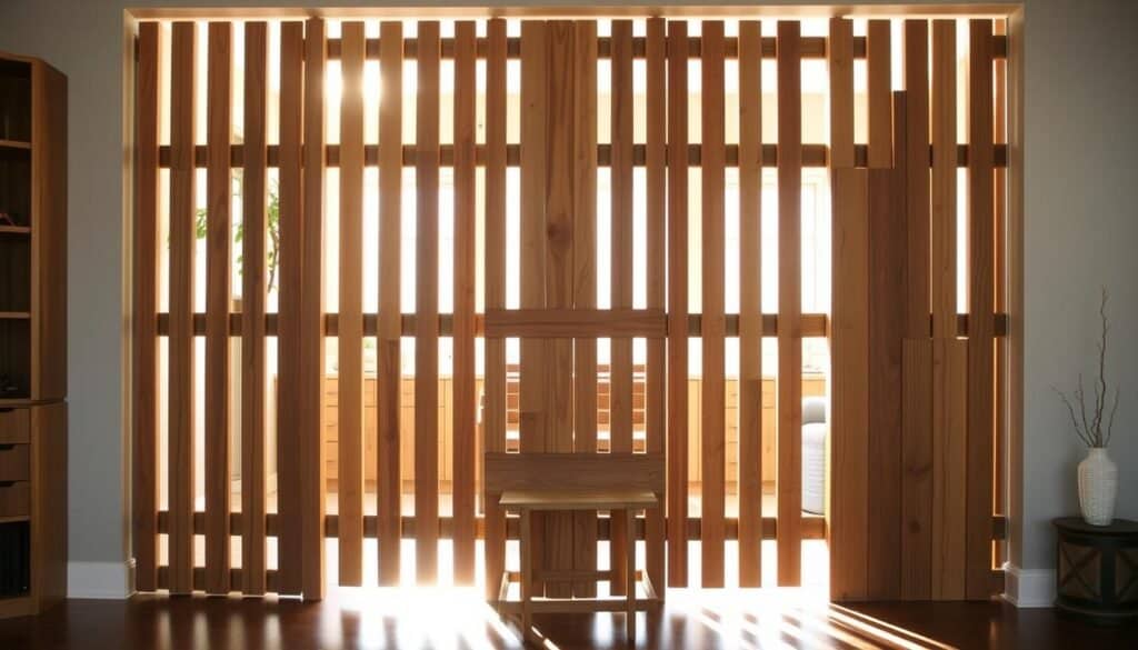 A freestanding, rustic wooden room divider fills the frame, crafted by the skilled artisans at The Sawdust Man. Warm, natural lighting filters through the slats, casting soft shadows and highlighting the intricate grain patterns. The divider's simple, modular design allows for flexible arrangement, seamlessly blending with the minimalist home decor. The sturdy, reclaimed wood construction gives it a timeless, heirloom-quality feel. Subtle distressing and a matte, satin finish add to the divider's artisanal charm, making it a stylish and functional centerpiece for any modern living space.