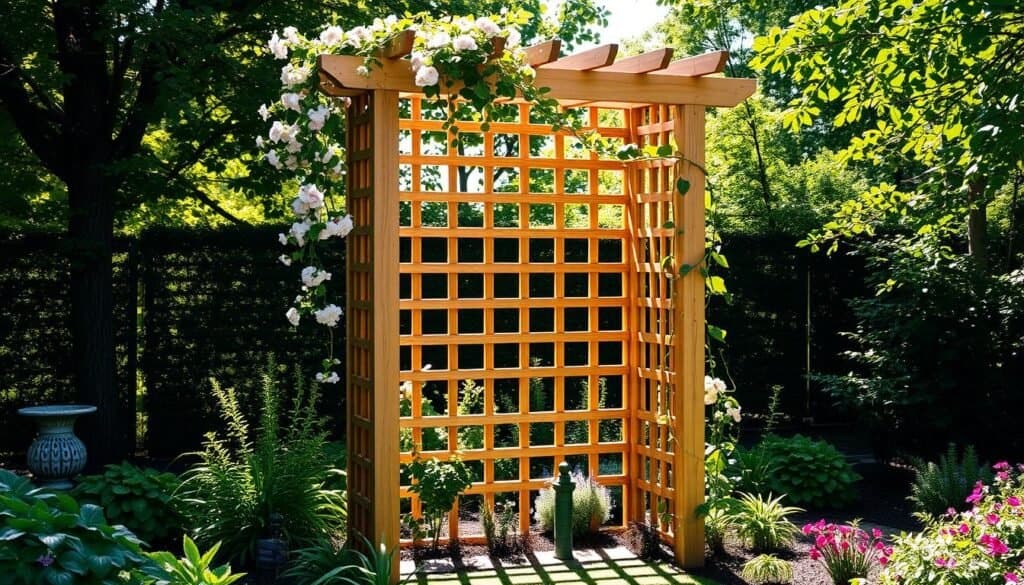 A freestanding wooden trellis structure stands tall in a lush garden, its intricate lattice casting soft shadows across the ground. Sunlight filters through the overhead foliage, illuminating the natural wood grain and creating a warm, inviting atmosphere. Flowering vines and climbing plants gracefully drape over the trellis, adding pops of vibrant color and texture. The trellis is positioned as a central focal point, drawing the eye towards its elegant, symmetrical design. The surrounding garden bed is filled with a variety of carefully curated plants, creating a harmonious, naturalistic setting. The overall scene evokes a sense of tranquility and organic beauty, showcasing the versatility of a freestanding trellis as a captivating garden feature.